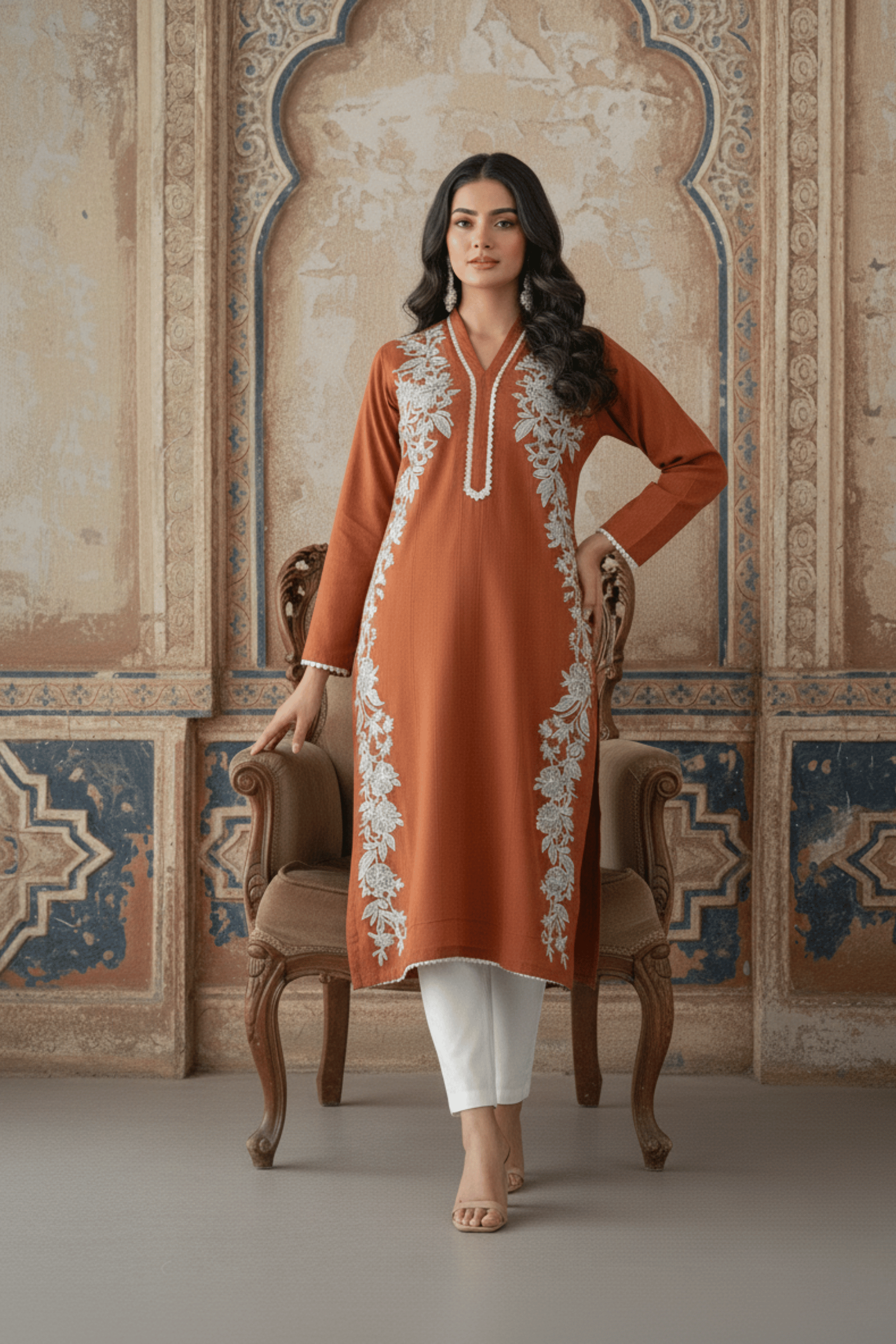Amber Vine Embrioded Kurti Orange 1 PC