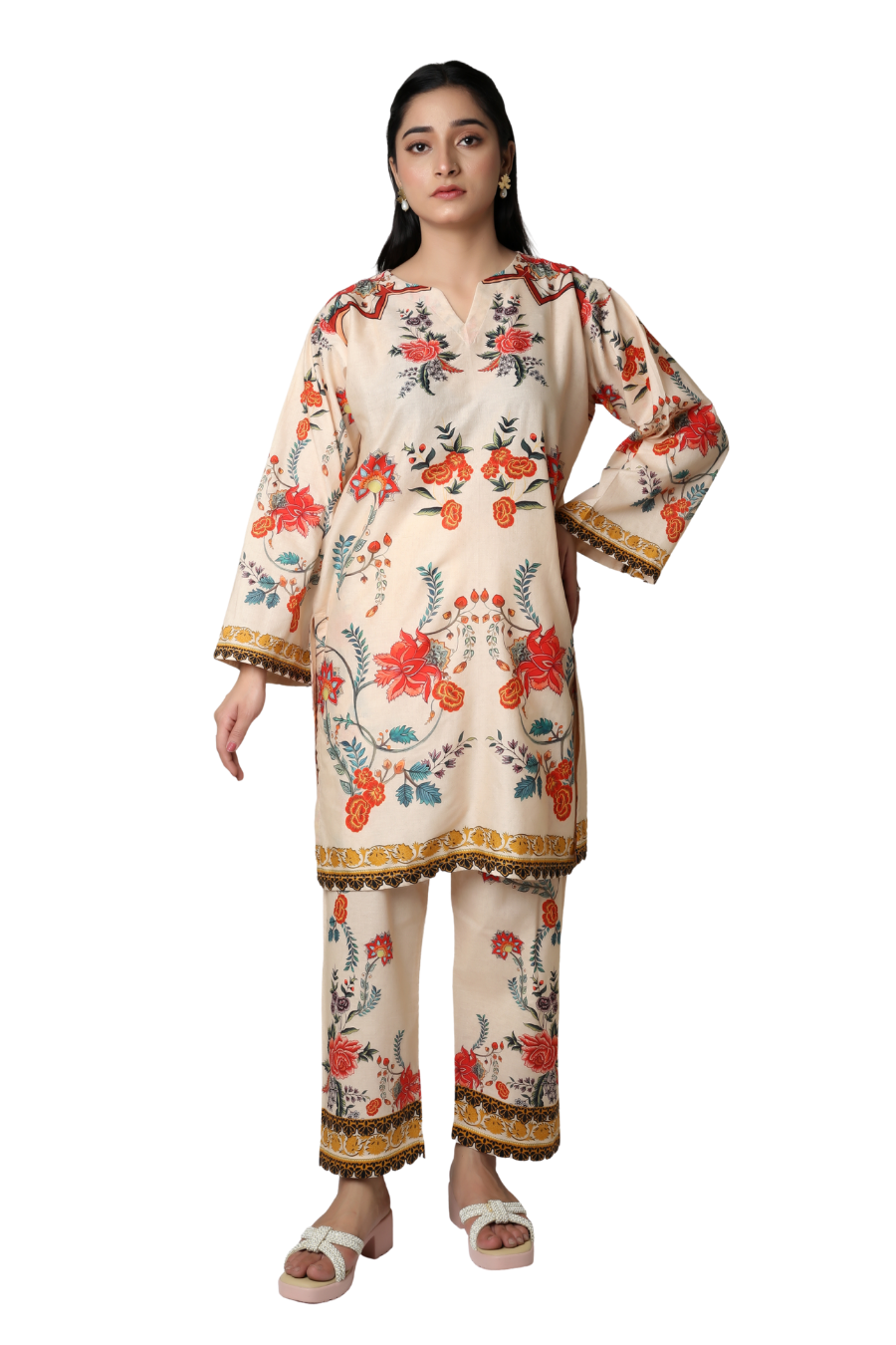 Vintage Beige Bloom - Floral Printed 2-Piece Co-ord Set