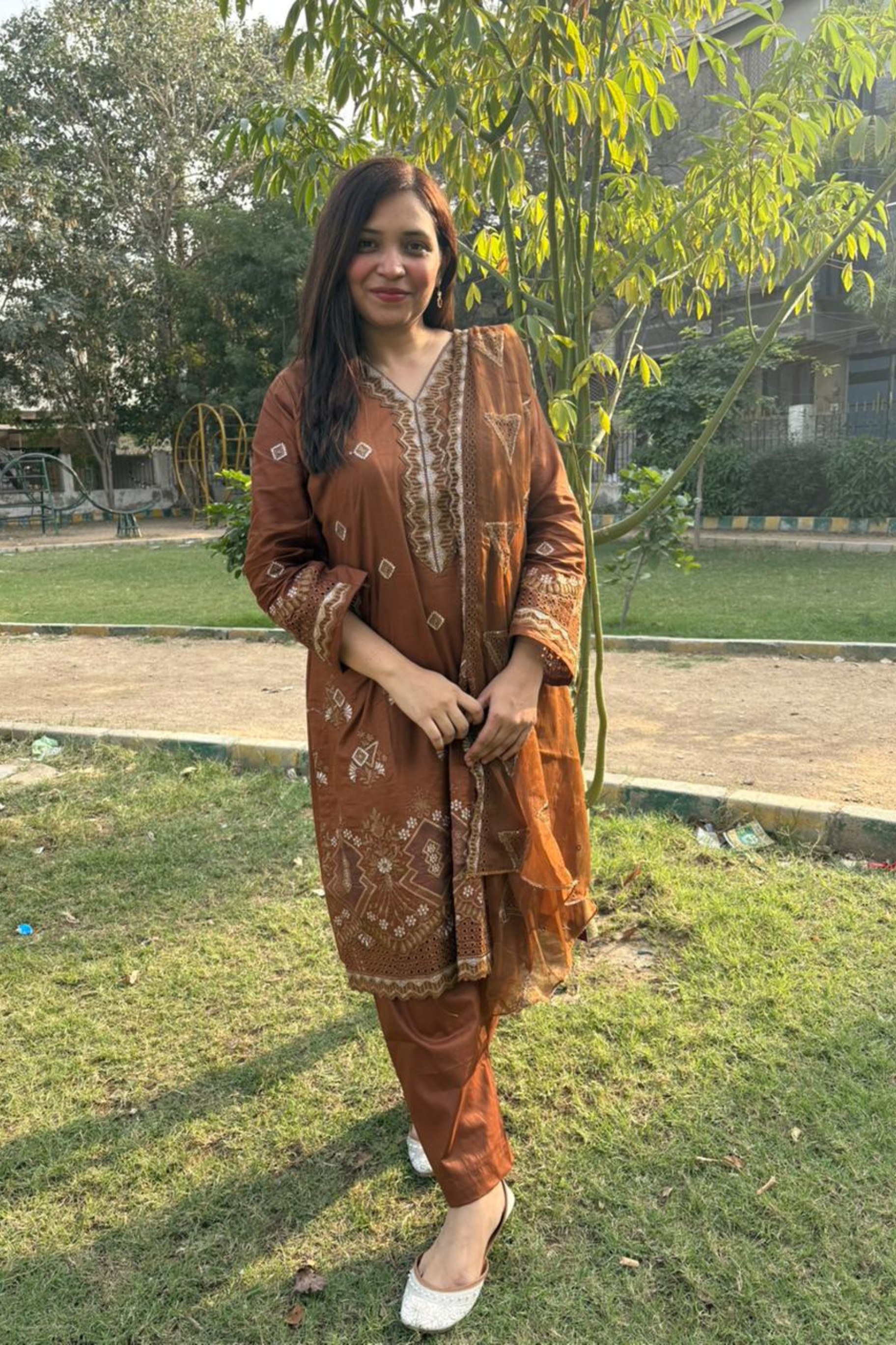Amber Brown – Embroidery Chikankari 3-Piece