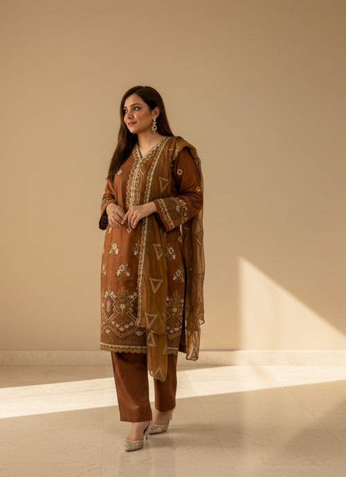 Amber Brown – Embroidery Chikankari 3-Piece