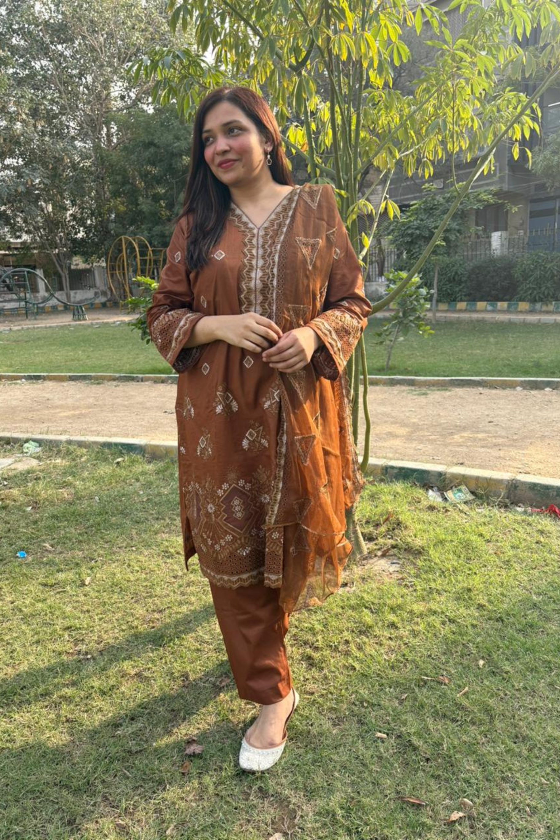 Amber Brown – Embroidery Chikankari 3-Piece