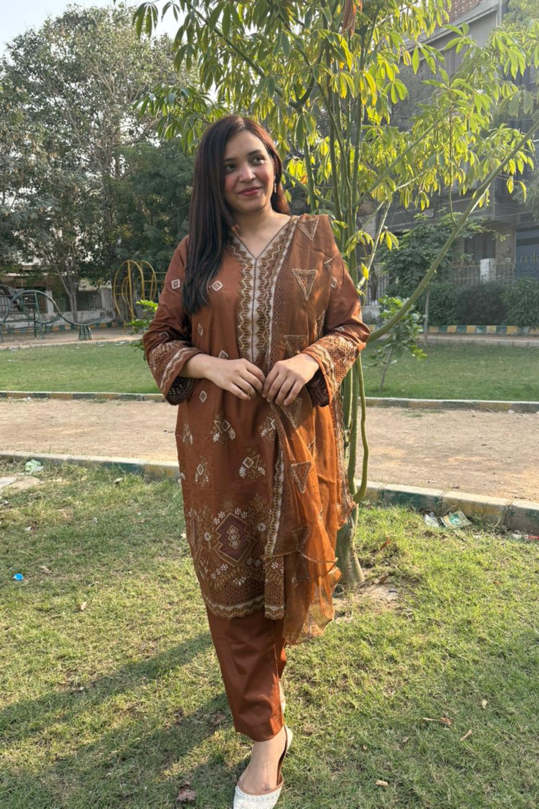 Amber Brown – Embroidery Chikankari 3-Piece