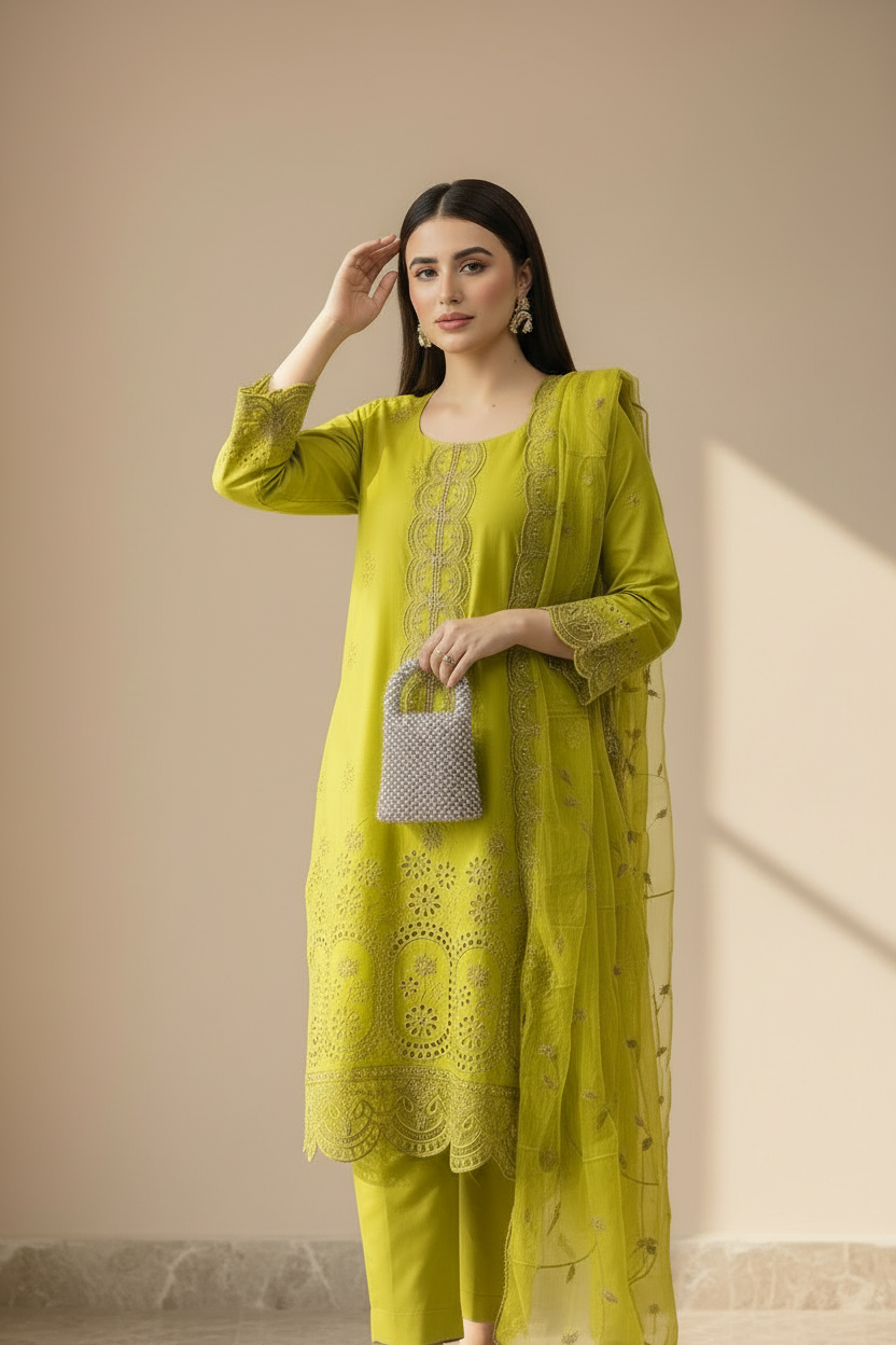 Amber yellow – Embroidery Chikankari 3-Piece