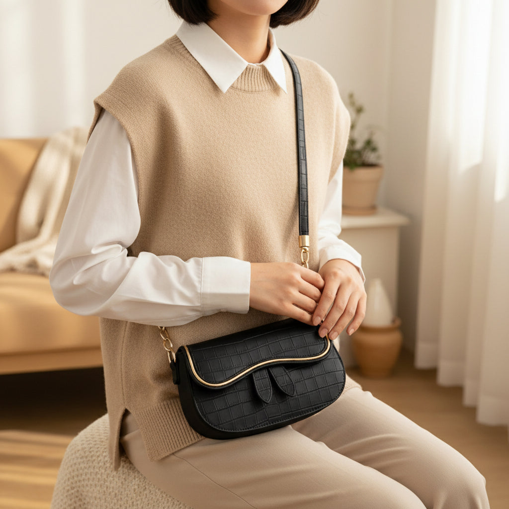 Black handbag with gold accents on a light beige background